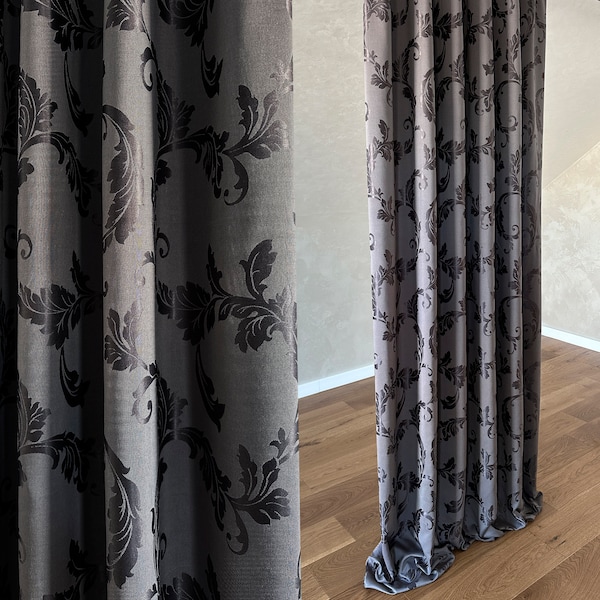 Pair of Charcoal Gray Damask Curtains, Cotton grommet bedroom / living room curtains, Custom Rod Pocket Curtains