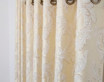 Cream Jacquard Curtains: Floral Damask Eyelet Curtains with Blackout Lining