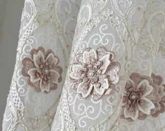 Flowered Lace Curtains: Custom Beige Embroidered Sheer Drapes for Living Room