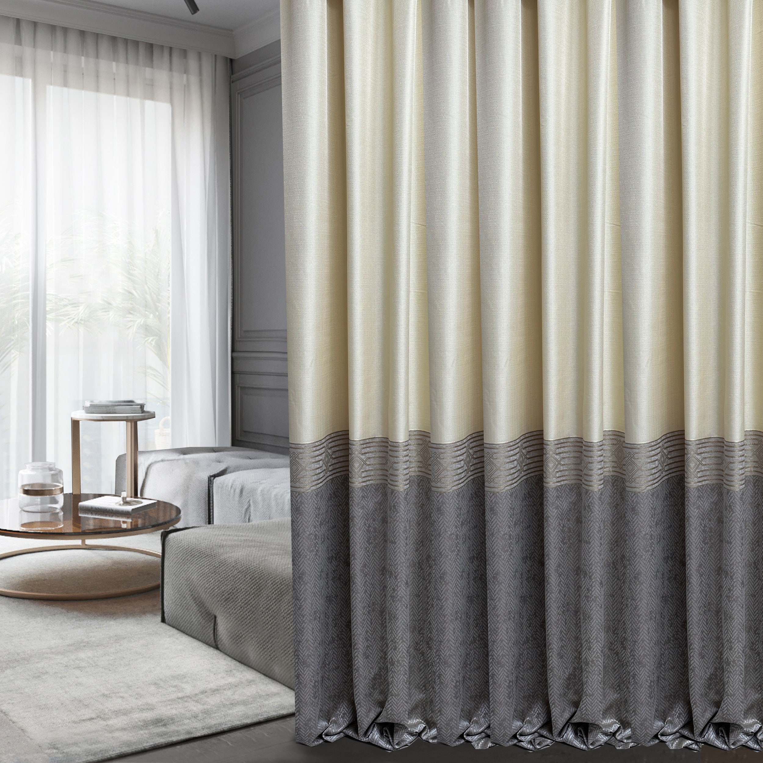 Luxury Striped Curtains, Stylish Living Room Cream Gray Curtain Panels, Custom  Size Drapery, Dark Jacquard Curtains 
