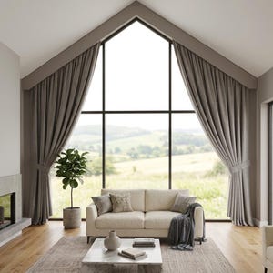 Op de afbeelding: Een beige bank met drie sierkussens en een grijze plaid, geplaatst voor een groot, kamerhoog driehoekig raam met taupekleurige gordijnen. Een marmeren salontafel met een vaas en boeken staat op een getextureerd vloerkleed.