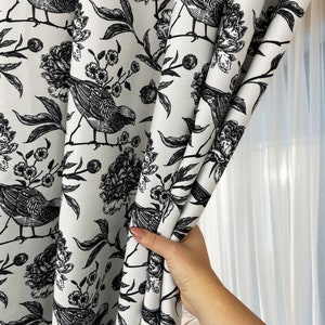 Vintage Exotic birds pattern curtains, Black and white custom curtains, Tropical print  pheasant curtains