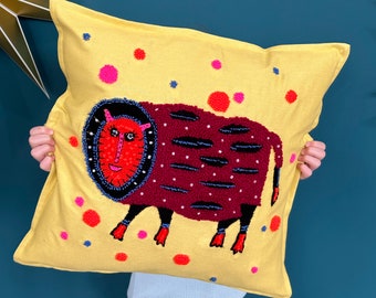 Burgundy Cow - Decorative Pillow cover/  Handmade Unique Embroidered Cushion Cover/ Yellow Punch Needle Pillowcase