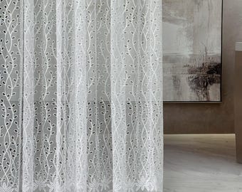 White Sheer Curtains: Embroidered Voile Curtains Pinch Pleat for Living Room