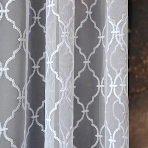 Luxury Art Deco White Lace Curtains: Sheer Embroidered Tulle, Extra Wide for Living Room