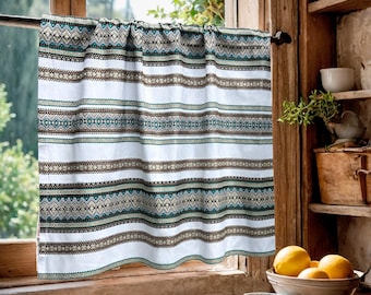 Striped Vintage Linen Cafe Drapery | Kitchen Curtains & Privacy Tier Valances for Shelves and Bookcases