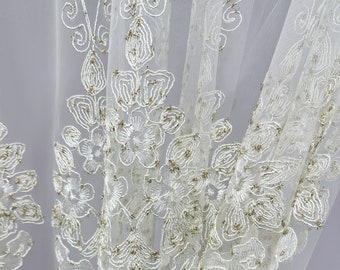 Dense floral embroidery voile,  Luxury custom sheer curtains for living room, Light Beige Lace tulle curtains