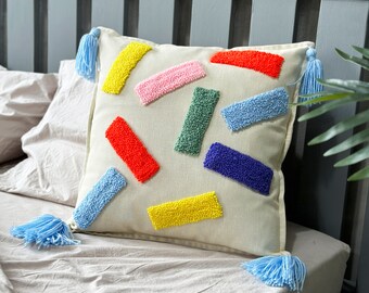 Colorful kids bedroom pillow covers with tassels/ Punch Needle Pillowcase/ Throw Pillow Cover with zipper