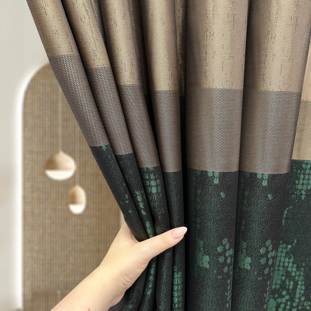 Emerald Green Striped Curtain Panels, Luxury Bohemian Jacquard Curtains