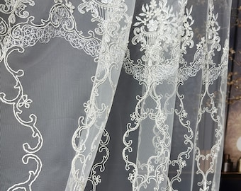 Vintage French Tulle Lace Curtain | Floral Embroidered Sheer Voile Living Room Pleated Drape