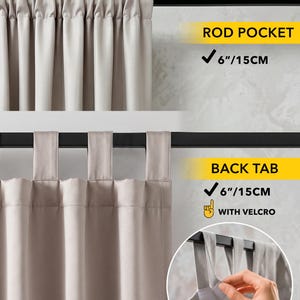 K&ouml;nnte beinhalten: Beige Gardinenbahnen mit zwei Aufh&auml;ngungsarten: Stangentasche und R&uuml;ckenschlaufe. Die Stangentasche ist 15 cm und die R&uuml;ckenschlaufe ebenfalls 15 cm mit Klettverschluss. Der Text "HEADING STYLES" steht oben.
