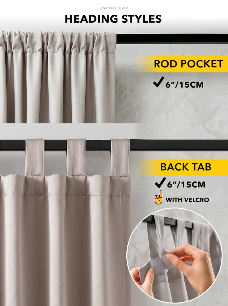 K&ouml;nnte beinhalten: Beige Gardinenbahnen mit zwei Aufh&auml;ngungsarten: Stangentasche und R&uuml;ckenschlaufe. Die Stangentasche ist 15 cm und die R&uuml;ckenschlaufe ebenfalls 15 cm mit Klettverschluss. Der Text "HEADING STYLES" steht oben.