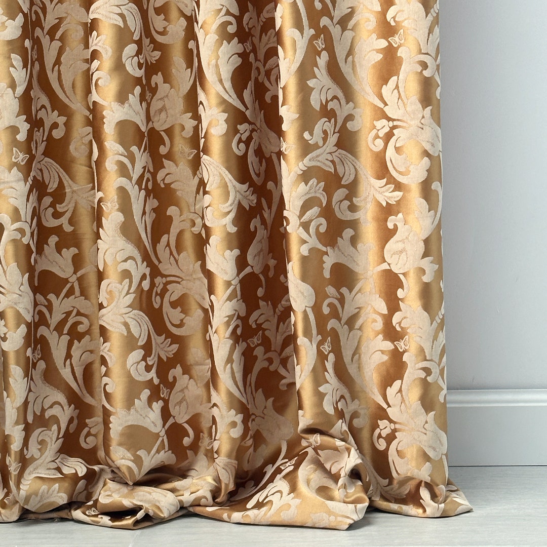 Custom Gold Floral Jacquard Drapery Curtain, Thick Living Room Curtains