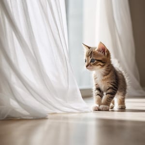 May include: A small brown and black tabby kitten with white paws and chest markings stands on a light-colored floor. The kitten is positioned next to sheer white curtains that hang vertically, with soft natural light illuminating the scene.