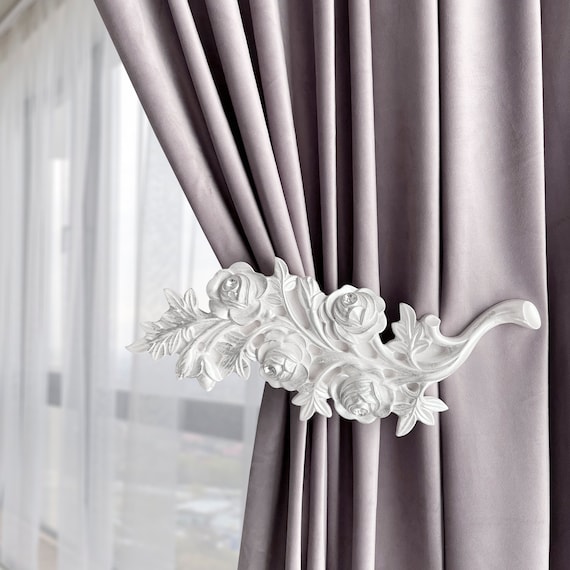 Soporte de cortina de pared de rama de flores, elegante corbata de cortina,  soporte de cortinas en tono dorado, SET de 2 cortinas de aspecto suave -   México