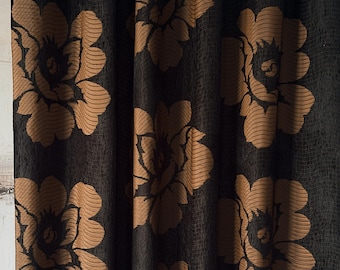 Heavy Black Out Curtains: Black & Tan Chenille Drapes with Floral Pattern