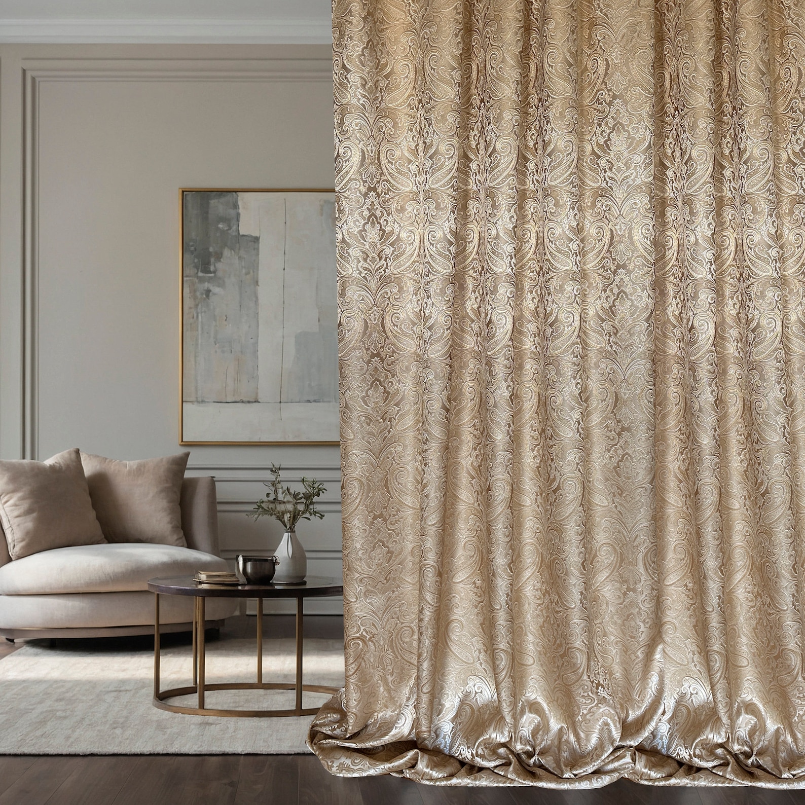 Luxury Paisley Jacquard Curtains, Elegant Gold Victorian Damask Living