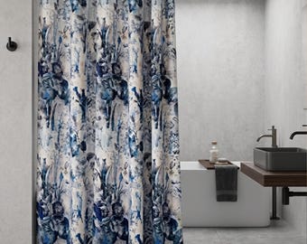 Watercolor Floral Long  Shower Curtain: Blue Botanical Bathroom Decor Gift