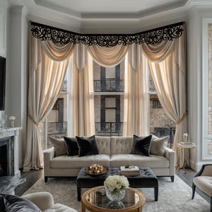 Custom Victorian Rich Swag Curtains Set 22 colors, Window Hard Curl Pelmet with Velvet Valance Curtains, Luxury Vintage Openwork Lambrequin
