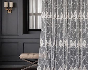 Vintage Lace Curtains, Triple Pleat Sheer Tulle Drapes, White Voile Panels