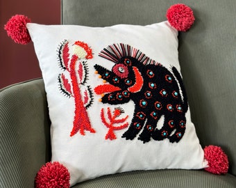 A Strange Beast - Decorative Pillow cover/  Handmade Unique Embroidered Cushion Cover/Punch Needle Pillowcase