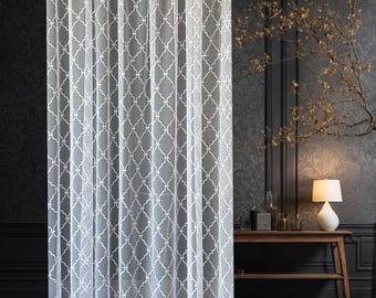 Sheer Embroidered Tulle Curtains - Art Deco White Lace, Extra Wide Style