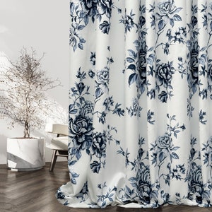 Maiolica style indigo blue floral curtains, Chinoiserie rose curtains for living room, custom patterned curtains