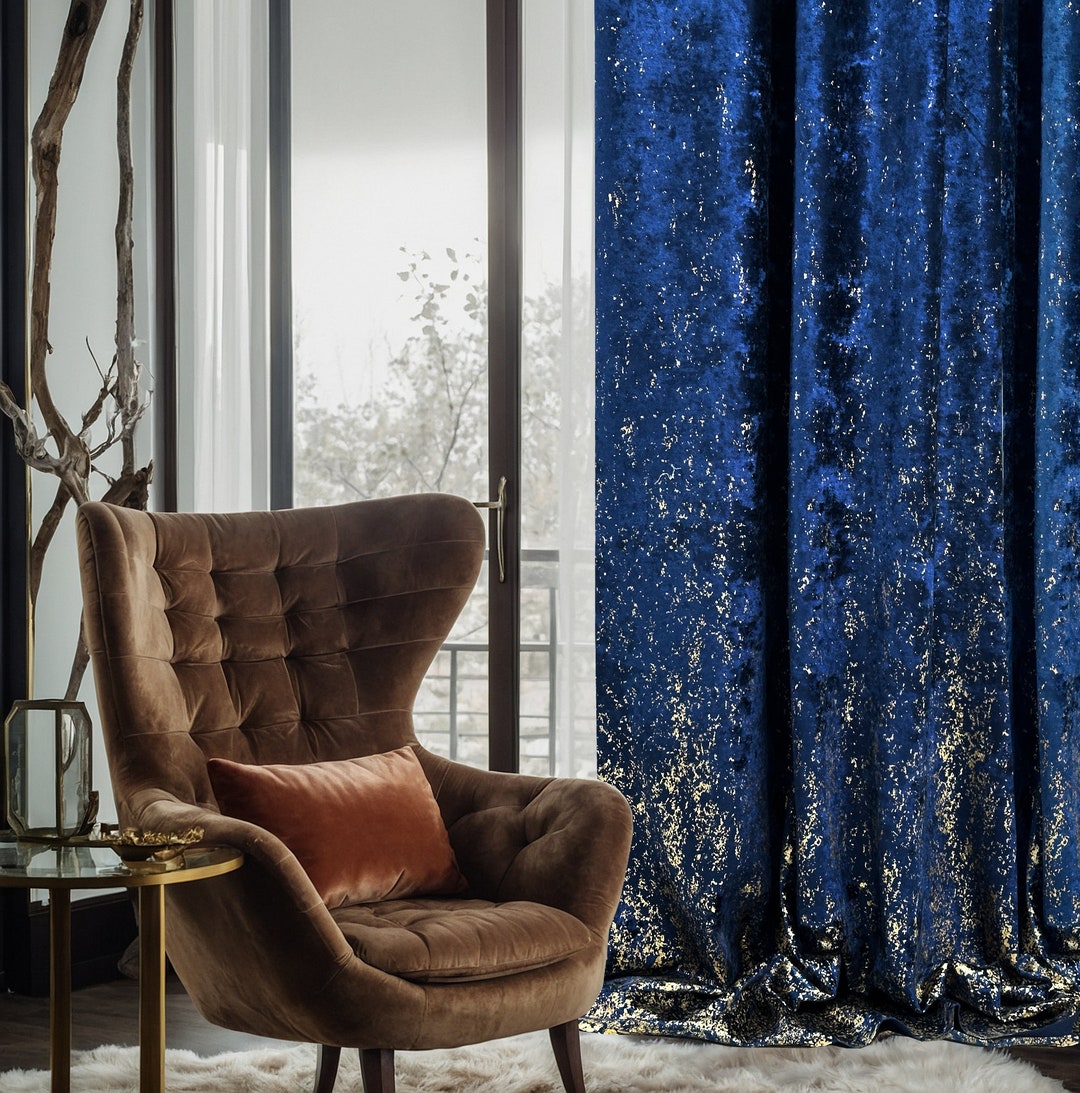 Golden Blue Luxury Velvet Curtains, Custom Bohemian Curtains for Living ...