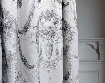 Custom Victorian Cottage Damask Curtains for Living Room | Neoclassical Silver Gray Drapes (Eyelet)
