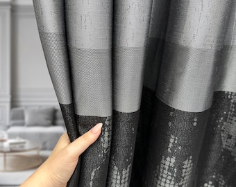 Custom Luxury Extra Wide Gray Black Designer Striped Drape Curtains, Drapery Panels for Living Room, Window Shade Curtains