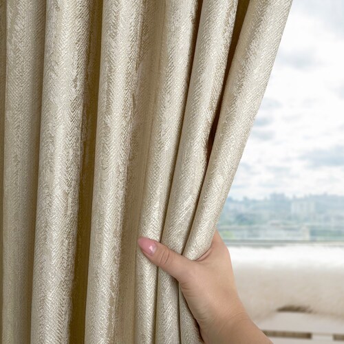WOVEN CHENILLE JACQUARD HEAVY LINED CURTAINS 3" TAPE in CREAM-BEIGE-NATURAL 