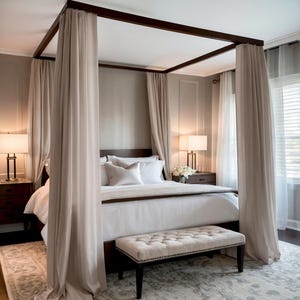 Beige Linen Four Poster Canopy Bed Curtains, Modern Style Adult Heavy Bed Canopy Drapes, Custom Ivory Curtains for Bedroom