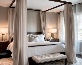 Beige Linen Canopy Bed Curtains: Custom Modern Bedroom Drapes
