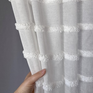 White Horizontal Striped Linen Sheer Curtains, Contemporary Ready Made Long Kitchen Cafe Curtains, Striped Drapery for Bedroom Windows Decor