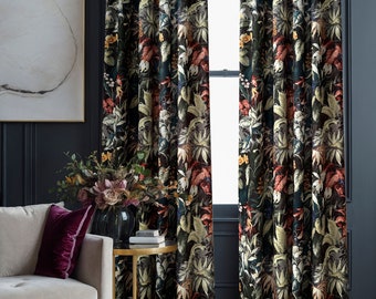 Pair of Floral Bohemian Living Room Curtain Panels, Custom Bedroom Curtains Blackout Lined, Tropical Patterned Dark Curtains