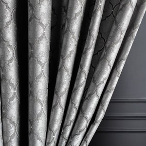 Modern Silver  Gray Textured Custom Curtains,  Art Deco Living Room Curtains, Luxury Draping, Geometry Patterned Bedroom Curtains