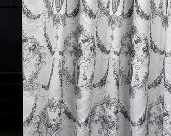 Tende vittoriane: tende jacquard grigio argento, decorazioni per finestre in stile rococò