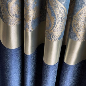 Luxe gestreepte damastgordijnen: marineblauwe en gouden jacquard, aangepaste lengte