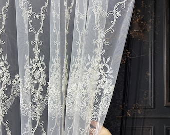 Floral Embroidered Sheer Voile Drapes | Custom Elegant Tulle Lace Curtains