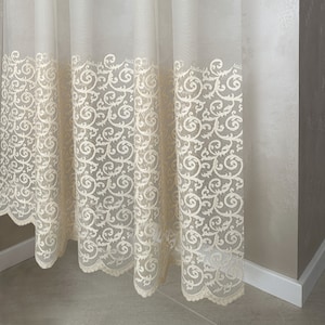 Cream Embroidered Tulle Curtains: Sheer Floral Curl Lace Drapery