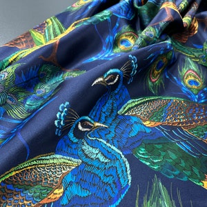 Pair of blackout Curtains, Blue Custom curtains with peacocks and feathers, Satin curtains for bedroom, living room, office