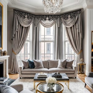 Custom Luxury Rich Swag Curtains Set 22 colors, Window Hard Curl Pelmet with Velvet Valance Curtains, Victorian Vintage Openwork Lambrequin