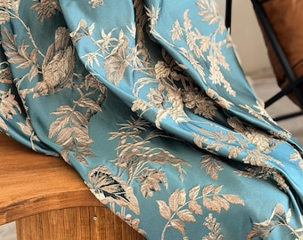Luxury Teal Floral Bird French Jacquard Curtains: Vintage Custom Blackout Eyelet Drapery