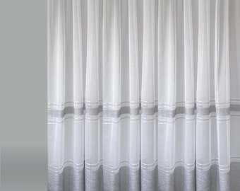 Pencil Pleat Sheer Curtains: White Voile with Silver Gray Stripes