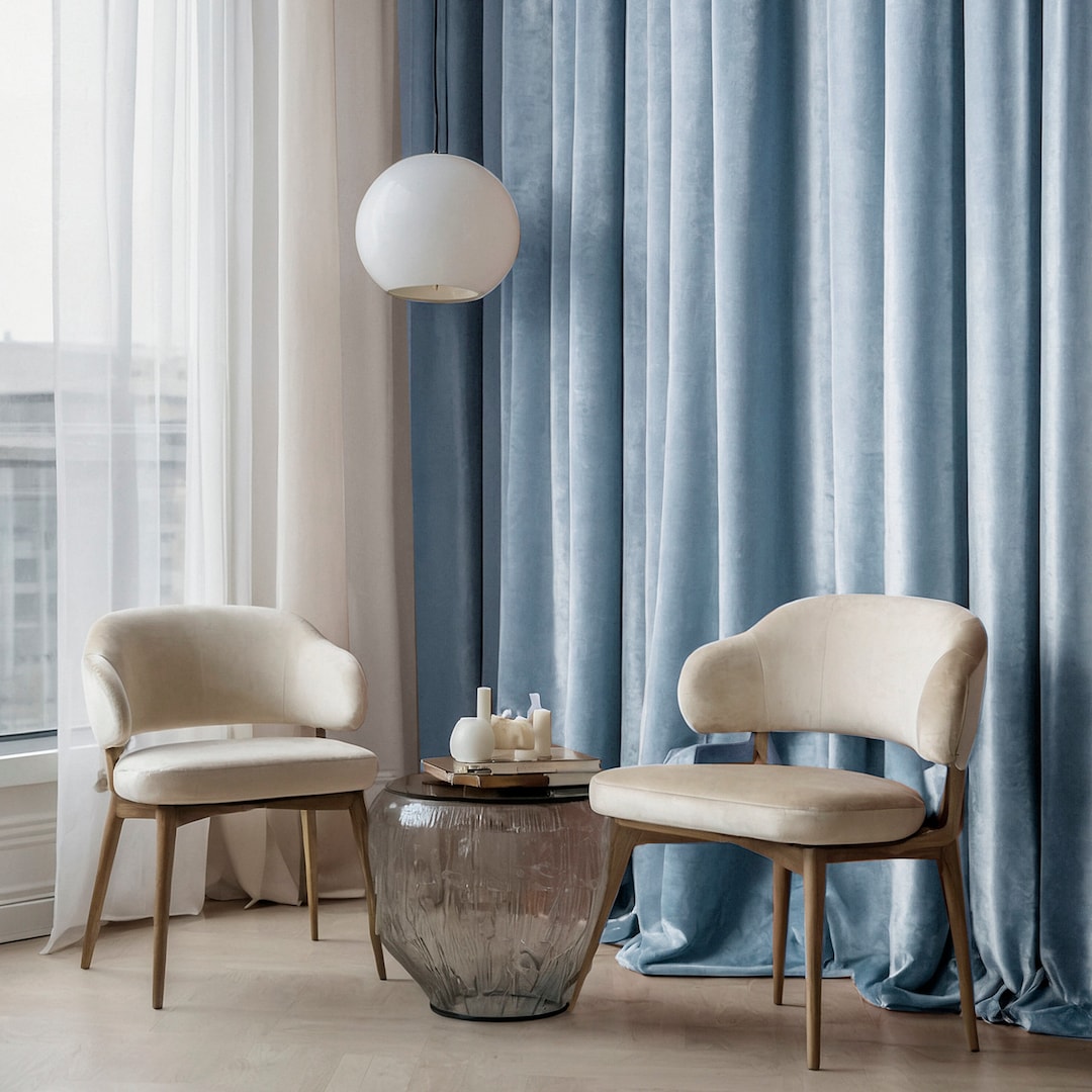 Elegant Smoky Blue Modern Velvet Living Room Curtains, Privacy Bedroom