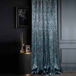 luxury rich classy jacquard curtains, Turquoise blue thick living room curtains, Custom Art deco floral curtain pair panels image 6