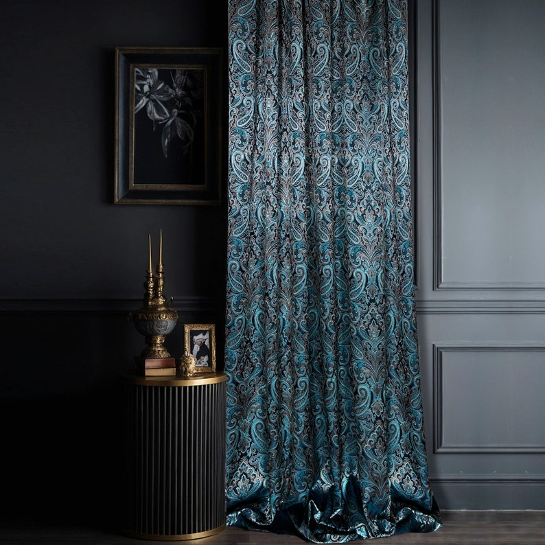 luxury rich classy jacquard curtains, Turquoise blue thick living room curtains, Custom Art deco floral curtain pair panels image 6