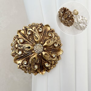 Moroccan inspired wall curtain hook, bohemian drape tie back, round gold tone drapery holder, orient look curtains holdback