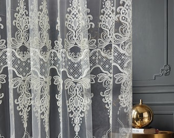 Floral Embroidered Lace Curtain - Luxury Off White Sheer Voile Tulle | Pencil | Pinch Pleat