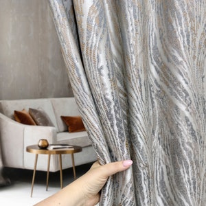 Custom Gray Grommets Curtain Panels, Luxury Patterned Art Deco Curtains for Living Room, Shabby Chic Bedroom Jacquard Curtains